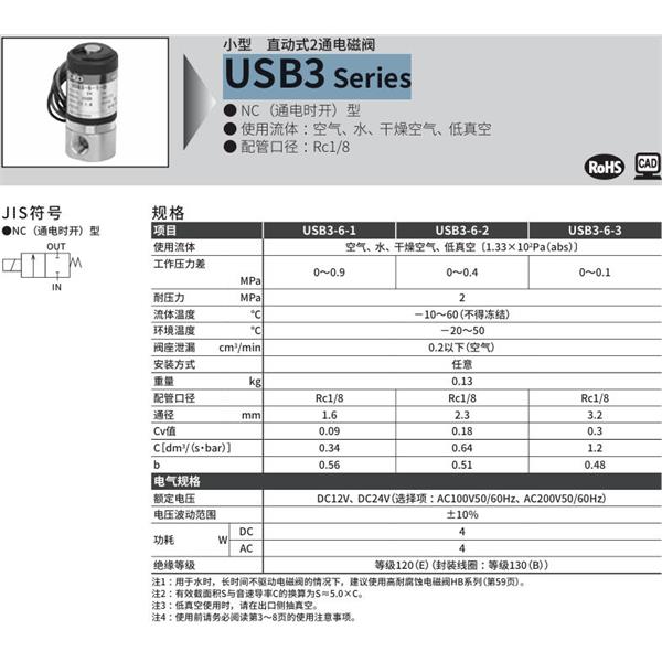 CKD喜開理多種流體小型直動(dòng)式2通電磁閥USB3-6-3-V-DC24V