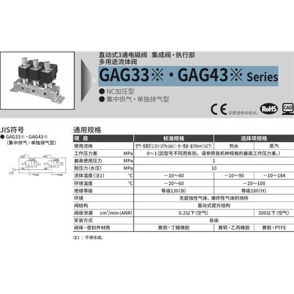 CKD喜開(kāi)理多種流體直動(dòng)式2通電磁集成閥GAG332N-1-7-DC 24V