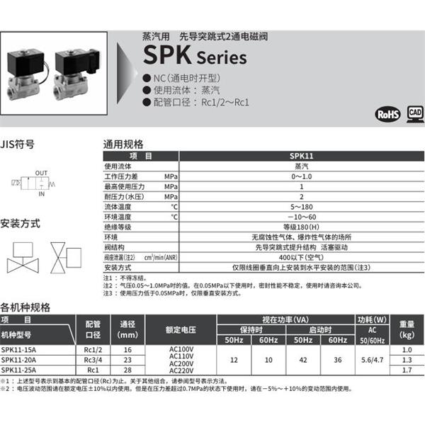 CKD喜開理蒸汽用先導(dǎo)突跳式2通電磁閥SPK11-20N-K4A-AC100V