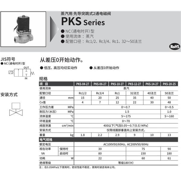 CKD喜開理蒸汽用先導(dǎo)突跳式2通電磁閥PKS-04-27-4M-AC100V