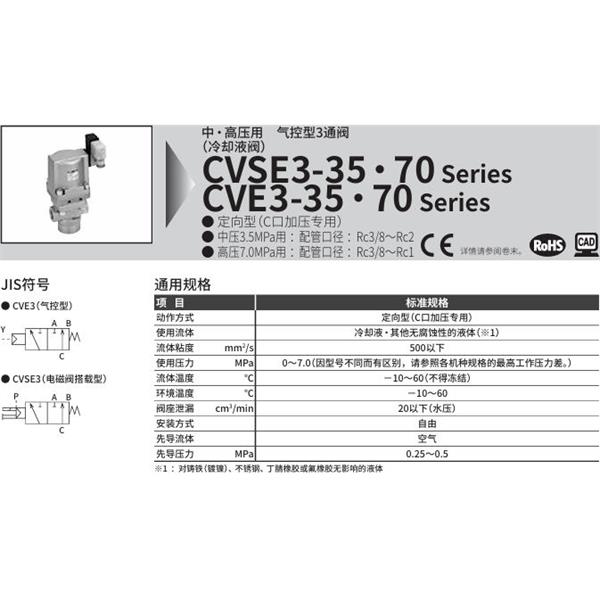 CKD喜開理中?高壓用氣控式3通閥CVSE3-15A-70-B3RB-R-3