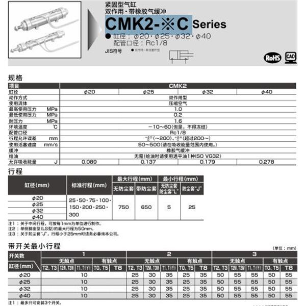 CKD喜開理緊固型氣缸CMK2-LS-20C-100-JI