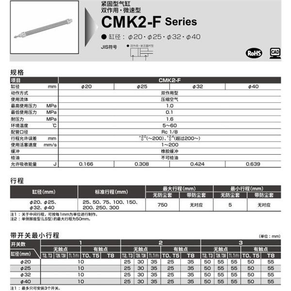 CKD喜開理緊固型氣缸CMK2-F-LB-20-100-T0H-R-MI
