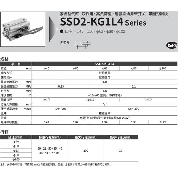 CKD喜開理緊湊型氣缸SSD2-KG1L4-63-40-V0-D-N-LB-I