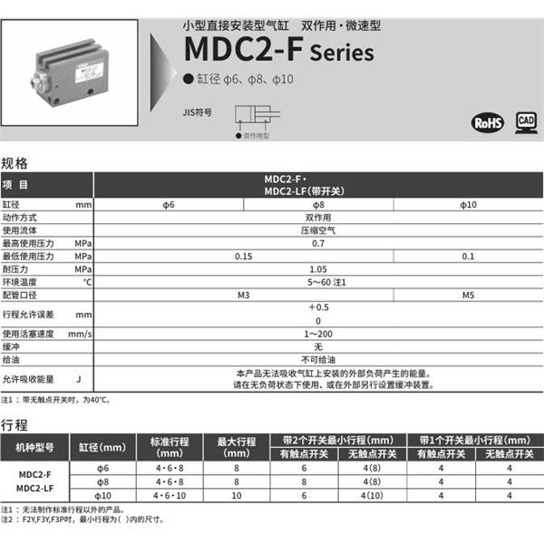 CKD喜開(kāi)理小型直接安裝型氣缸MDC2-LF-8-6-F2V-R